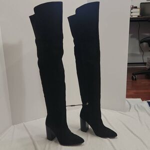 Zara Black Suede Over the Knee Boots Block Heel Women's Size 7.5 US / 38 EU